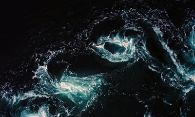 water drops in the air on a dark bokeh background. Sea waves left by boat. Panorama waves. Writing area. Background.