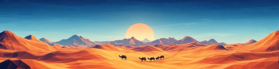 Sahara Desert Odyssey, expansive golden dunes stretching endlessly, a caravan of camels navigating the sun-soaked, arid terrain