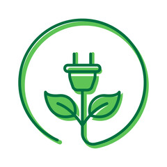 Green Energy Electric Plug with Leaf Pictogram. Eco Electricity Renewable Resource Icon. Save Ecology, Sustainable Power Icon. Editable Stroke. Isolated Vector Illustration