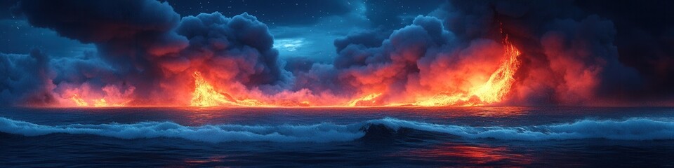 Obraz premium Molten Lava Cascade at Kilauea, vivid eruption scene with glowing orange lava meeting ocean waves under a starry night sky