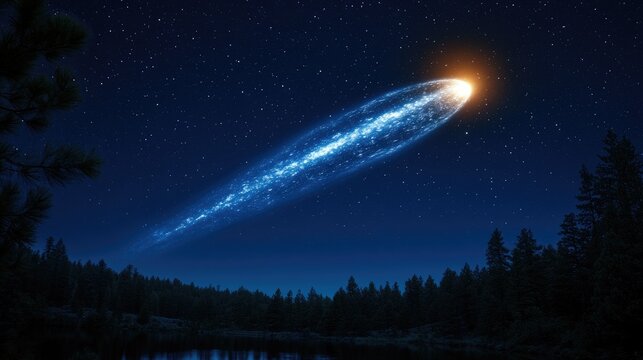 A comet with a glowing tail passing by a moonlit landscape.