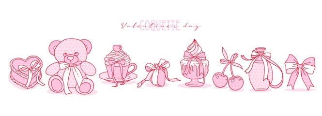 Valentine's day coquette clipart set with cute romantic aesthetic and crafts Bows, pink ribbon and polka dot pattern. Vector contour hand drawn illustration.