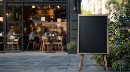 Mockup sidewalk sign, sandwich board, poster. Template black chalkboard poster, sandwich board, sidewalk sign mockup, advertising. Mockup sandwich board, sidewalk sign. Realistic style photo