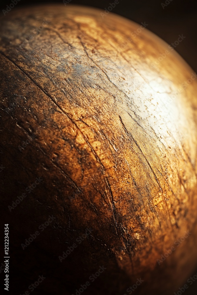 Aufkleber close-up of a dark brown, spherical object with visible wood grain and texture, illuminated from the