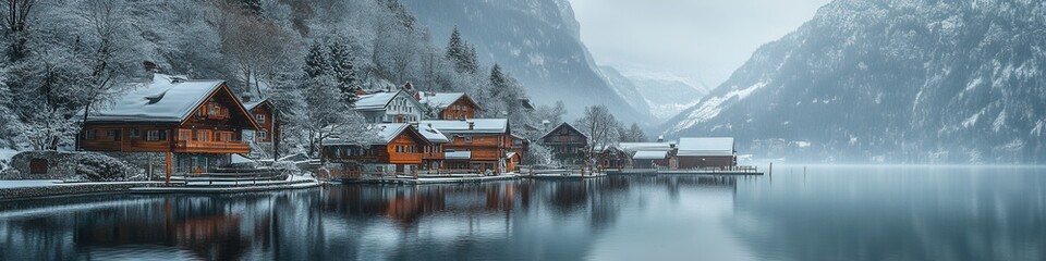 Fototapeta premium Foggy morning in Hallstatt, Austria, showcasing traditional alpine houses by the serene lake, evoking a tranquil and picturesque atmosphere