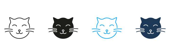 Cat Face with Closed Eyes Line and Silhouette Icon Set. Peaceful Feline Rest Symbol. Calm and Relaxed Pet Expression. Editable Stroke. Isolated Vector Illustration