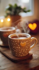 Obraz premium Cozy Valentine's Day evening with steaming cups of tea, hearts and candles in the background