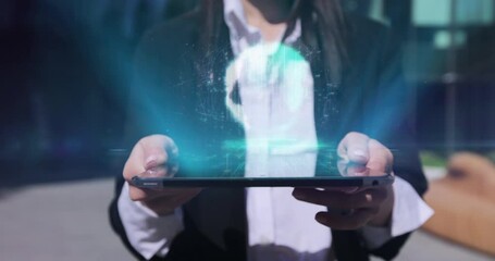 Woman hands with digital tablet pc computer and 3d hologram of global communication network concept on device technology concept. Global communication network concept. Digital transformation. - Powered by Adobe