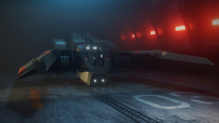 Single-pilot spaceship stands on the concrete floor of the landing pad in a dark hangar with red volumetric spotlights in futuristic night interior. Front view of the spacecraft cockpit. 3d render. © roman3d