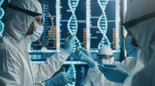 Gene editing with CRISPR technology in a futuristic lab. Scientists in protective suits working on DNA modifications with holographic gene map displays, advancing the field of precision genetics.