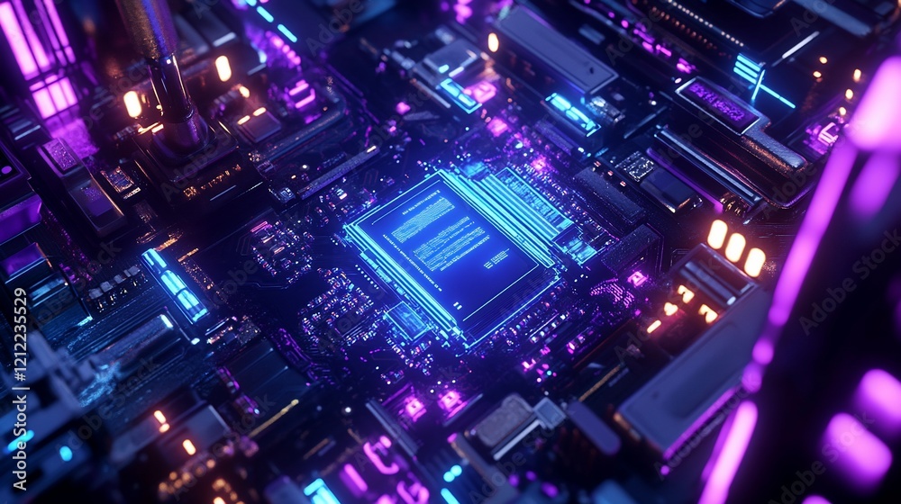 Aufkleber Futuristic neon-lit circuit board with glowing processor.
