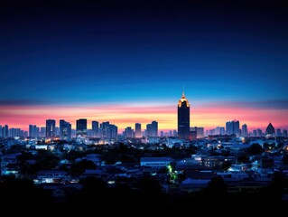 Fototapeta premium A stunning city skyline at dusk, showcasing tall buildings against a colorful sky transitioning from blue to warm hues.