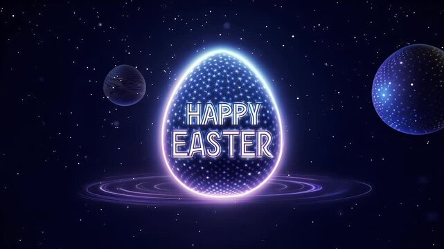 sleek futuristic Easter greeting set against dark cosmic backdrop with glowing text stars and planets for minimalist modern design