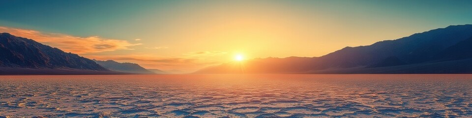 Fototapeta premium Golden Dawn over Badwater Basin, expansive salt flats illuminated by morning light, desert landscape showcasing nature's grandeur