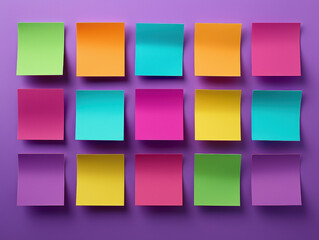 Obraz premium Colorful neon sticky notes arranged symmetrically on a bright purple desk create a playful and creative workspace environment