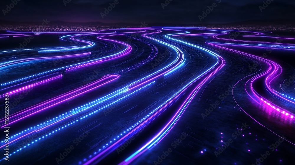 Poster abstract glowing neon lines forming a dynamic pathway over a cityscape at night.
