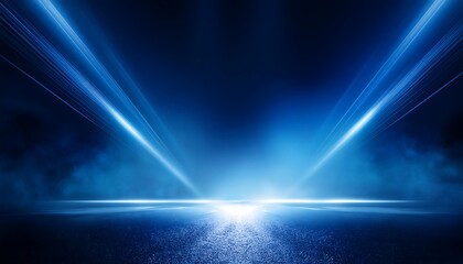 Blue dark background of empty foggy street with wet asphalt, illuminated by a searchlight - obrazy, fototapety, plakaty
