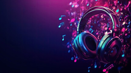 Fototapeta premium Immersive Soundscape: Headphones in a symphony of vibrant colors and musical notes