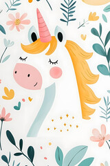 Naklejka premium Cute cartoon unicorn with mane and horn illustration on white background with blossom and flowers. Card and shirt design 