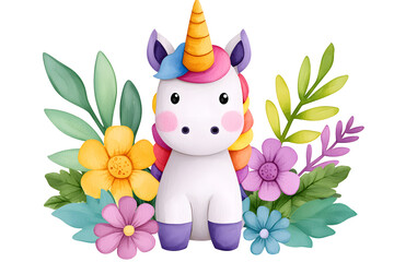 Naklejka premium Cute cartoon unicorn with mane and horn illustration on white background with blossom and flowers. Card and shirt design 