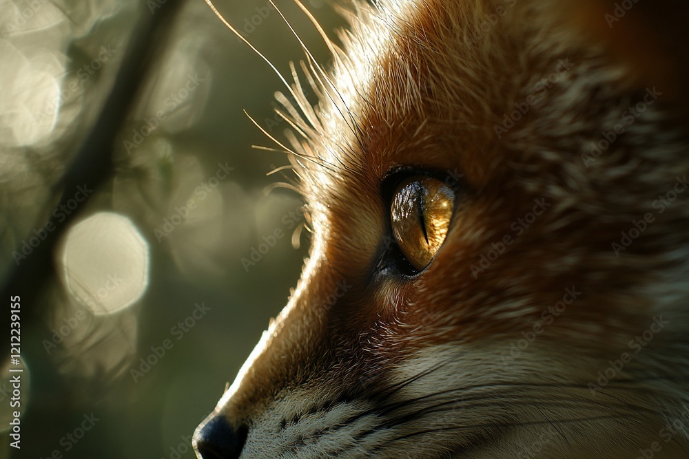 Poster close-up profile of a red fox's face, illuminated by sunlight, showcasing its amber eyes and intrica