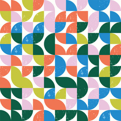 Modern Bauhaus semicircles seamless pattern with grunge textures. Geometric pattern, tile, mosaic background.