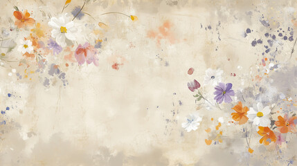 Softly hand-drawn colorful flowers on a slightly beige background. Wallpaper design. Horisontal