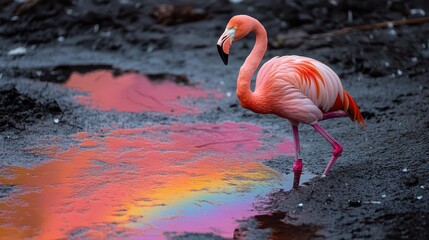 Fototapeta premium A flamingo gracefully strolls alongside a vibrant puddle reflecting the colors of a petrol rainbow, all set within its natural habitat under the bright daylight