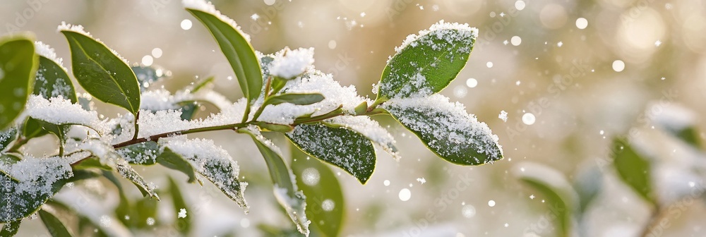Poster Snow-covered green leaves on a branch with bokeh background.