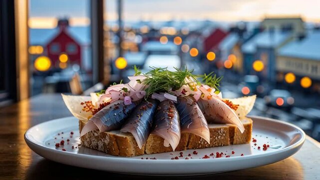 delicious bread with Sild pickled herring with onions on a plate, traditional food Iceland

