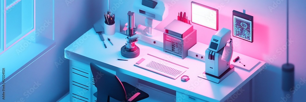 Poster isometric view of a futuristic workspace with computer, microscope, and other devices, illuminated w