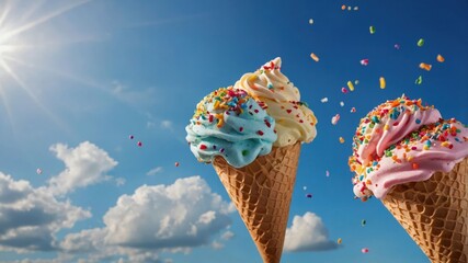 Two colorful ice cream cones with sprinkles against a bright sky.