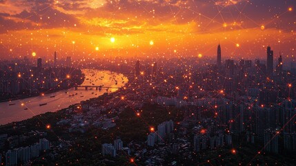 Fototapeta premium Sunset Metropolis: A Connected Cityscape at Dusk