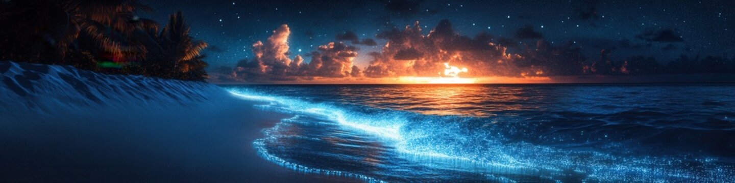 Bioluminescent Beach Serenity, enchanting glow of ocean waves under moonlight at Vaadhoo, Maldives, creating a surreal atmosphere