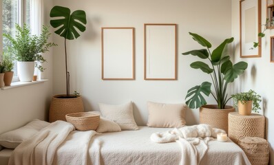 Cozy minimalist bedroom with greenery