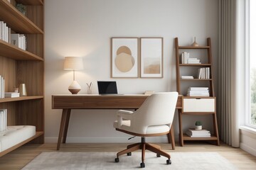 Modern Frosty White And Teak Study Room Design With Beige Upholstered Chair