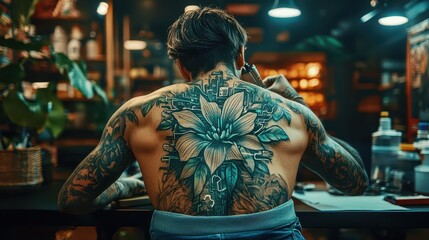 Obraz premium In a cozy and inviting studio atmosphere, a talented tattoo artist is meticulously crafting an intricate floral design on a client's back during a serene late evening session
