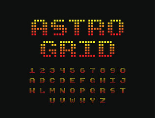 Astro Grid Font. Retro 8-Bit Typeface. Set of Pixelated Latin Capital Letters and Numbers. Vector Illustration.