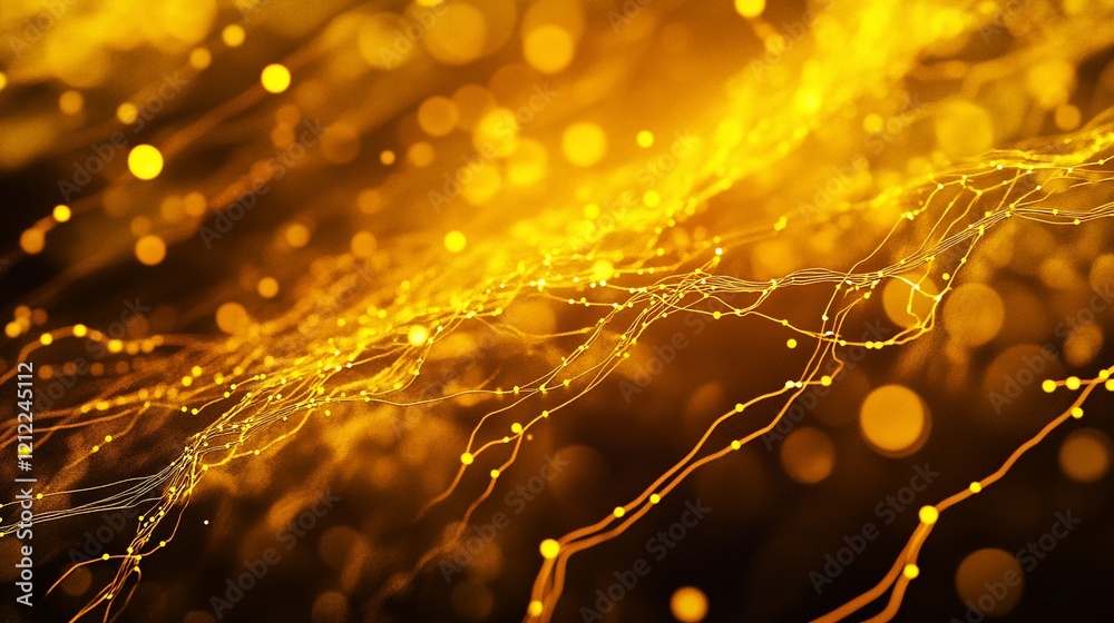 Poster Abstract golden glowing particles and lines forming a dynamic wave pattern on dark background.