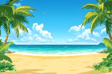 Fototapeta premium A tranquil beach background illustration featuring soft golden sand and calm blue waters, framed by tall, swaying coconut trees on either side. A bright blue sky with clouds adds to the tropical charm