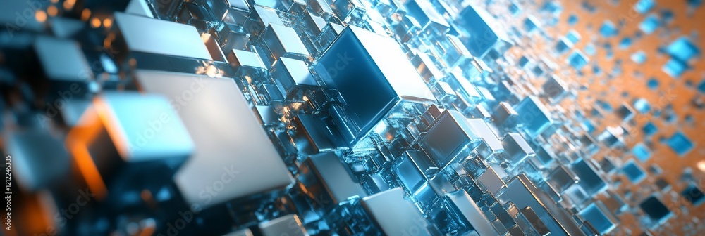 Fototapete Abstract 3D rendering of blue and orange cubes, creating a dynamic and futuristic design.