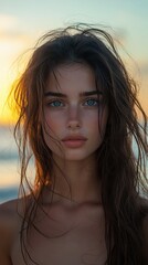 Fototapeta premium Young woman with striking blue eyes and tousled hair against a stunning sunset at the beach, capturing a serene and contemplative moment