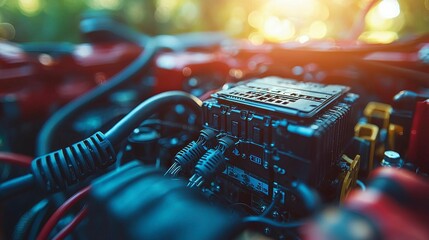 A close-up view of an electric carâ€™s lithium battery pack and power connections, highlighting the energy storage and power transmission system for eco-friendly vehicles.