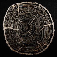 Wood structure, drawing with golden pen on black background. The dabbing technique near the edges gives a soft focus effect due to the altered surface roughness of the paper.