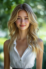 Naklejka premium A blonde woman smiling in a sleeveless top with a leafy background, looking youthful and fresh