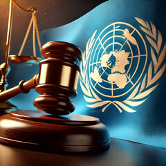 An impactful image featuring the United Nations flag alongside a judge's gavel, symbolizing justice, law, A strong representation of legal authority and regional.