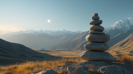 Mountain valley sunrise; balanced stones; serenity; meditation; nature photography; website, print