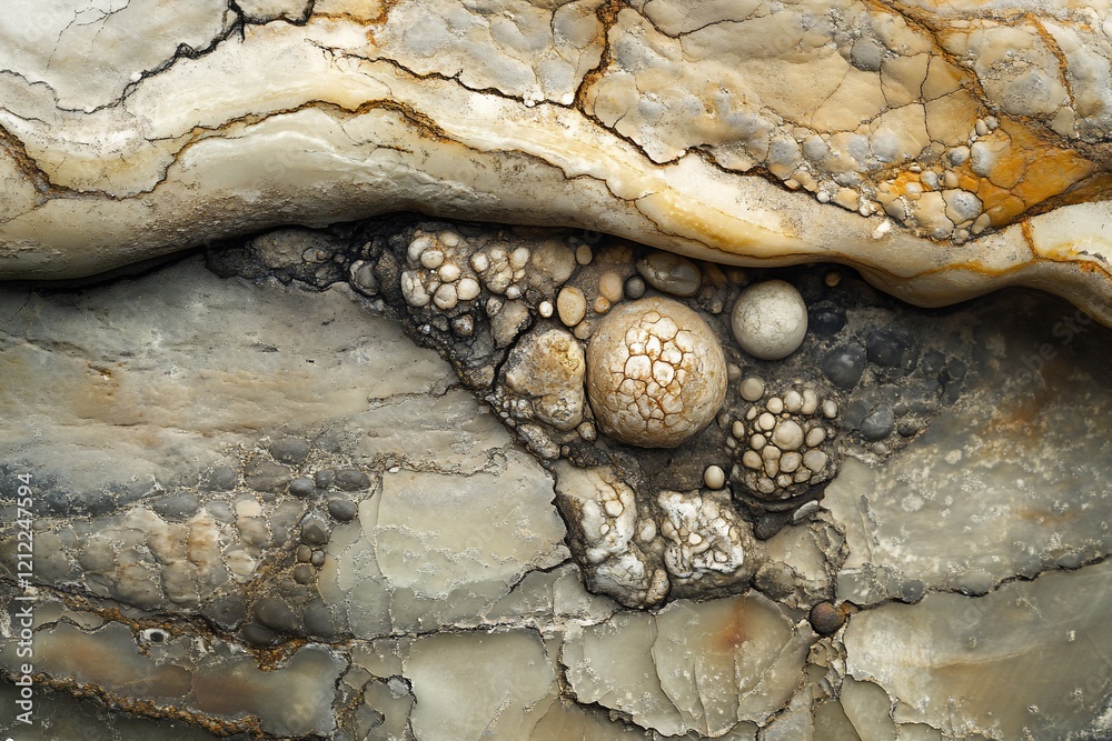 Aufkleber Close-up of sedimentary rock with embedded fossils and various textures, showing layers and patterns.