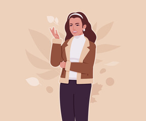 Woman wearing shearling warm coat jacket talking mood pose. Cold winter comfort, fall season attractive lady city daily life. Vector flat style cartoon illustration, autumn leaves creative background