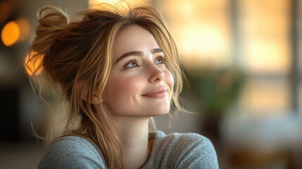 Obraz premium Captivating moment of a young woman lost in thought in a warmly lit space, perfect for adding personalized quotes or messages, creating an inviting ambiance